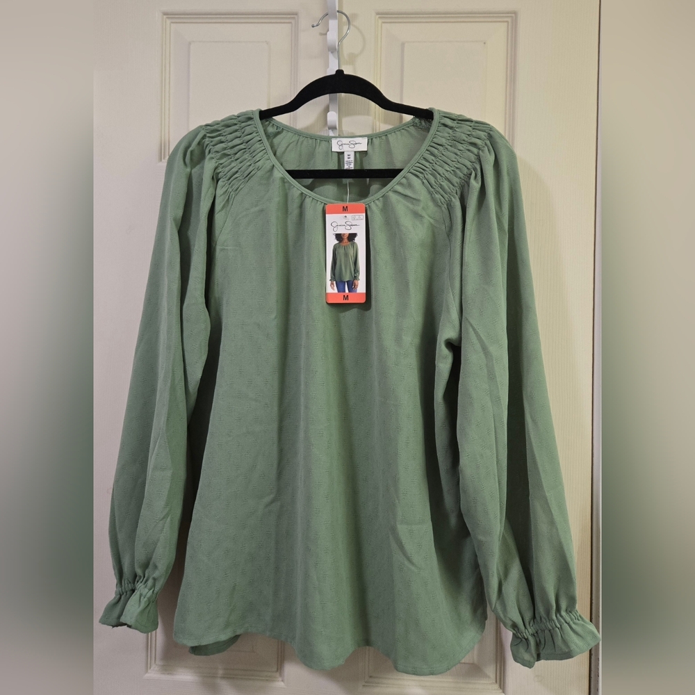 Jessica Simpson Women's Blouse Textured Top Long Sleeves Pullover Green, Size M